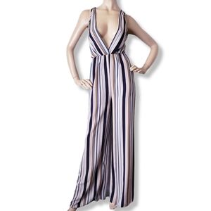 Lani Multicolored, Striped, Plunging Neckline, Wide Leg Jumpsuit